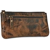 LEATHER VILLAGE Leather Pencil Pouch Pen Case - Rustic/Vintage Brown - 8"X4"- Double Pocket - Elegant and Practical Zipper Pouch Holder for Artists, Men, and Women