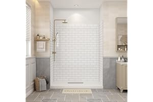 Bathlink Shower Wall Panels, 32D x 60W x 75H, Solid Surface Waterproof Wall Panels for Showers, Shower Surround Wall Kit, Glossy White Subway Tile Finish, 1/8" (3mm) Thick, Trimmable