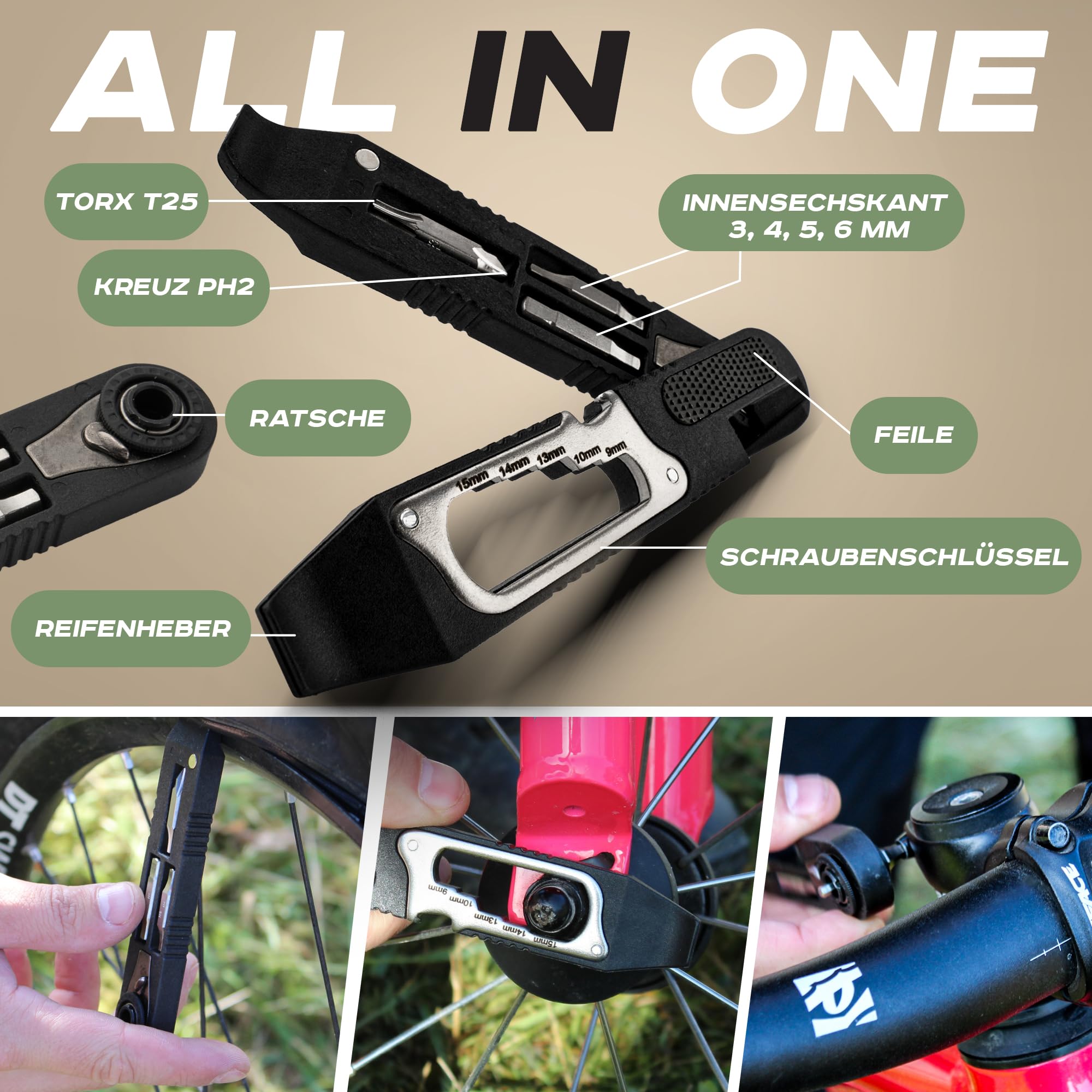 TTB Fahrrad Werkzeug Multitool 14 in 1 Inklusive Reifenheber Ultraleicht, Handlich & Klein [Mountainbike] Bike Sport 3