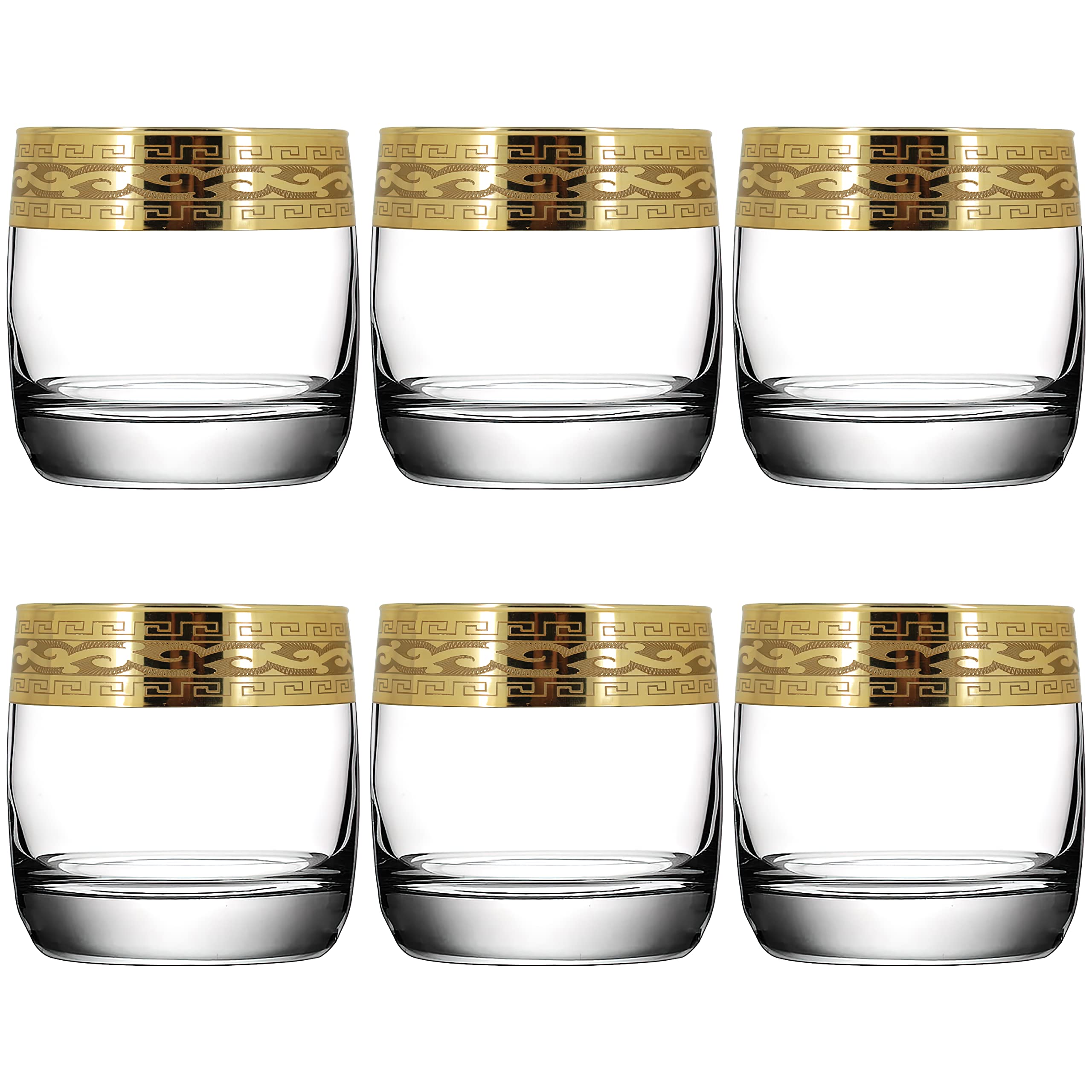 Whiskey Glasses Set of 6 with Gold Rim for Men or Women, Dad, Granddad Gift Set - Round Bottom Modern Design - 250ml (Classic Style FBA)