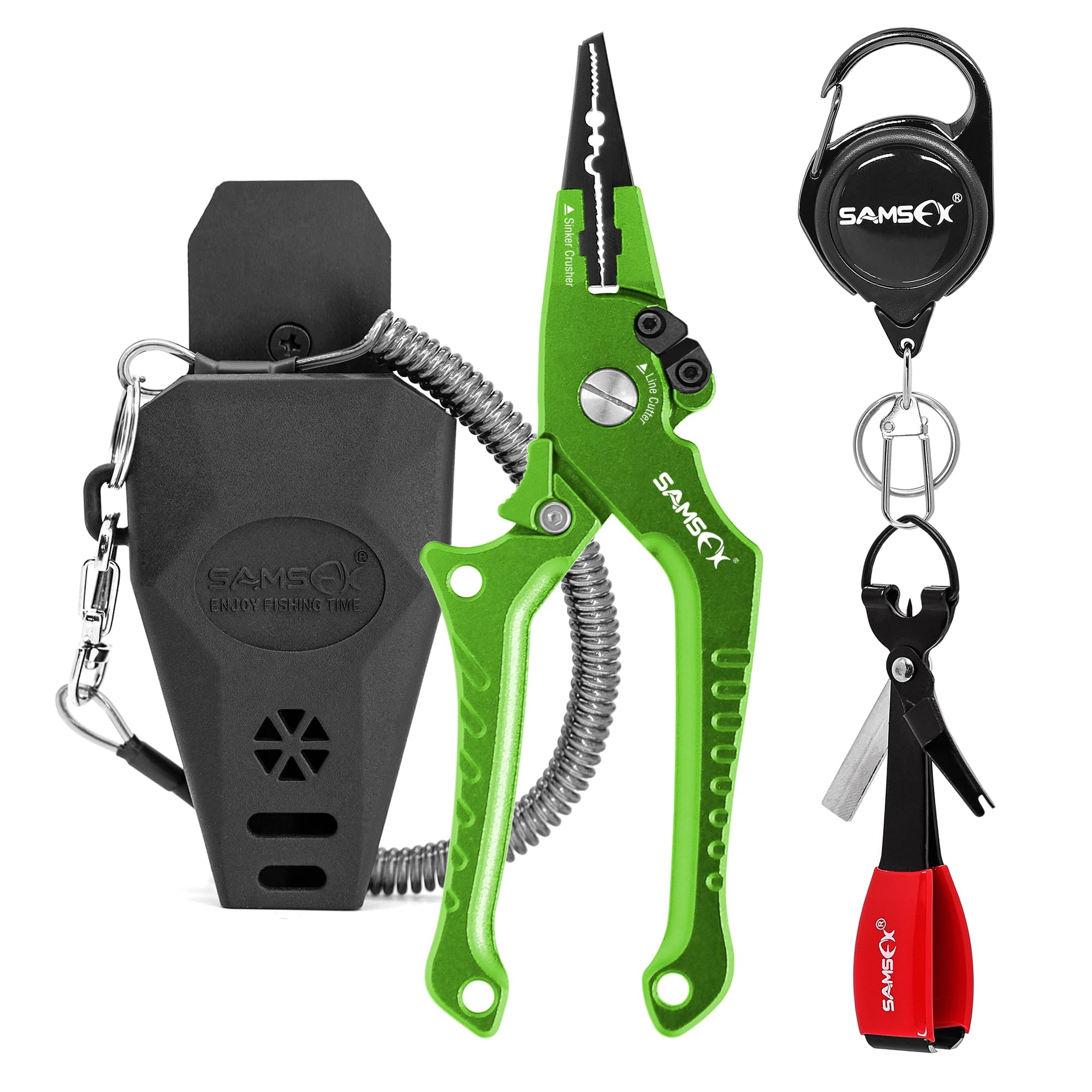 SAMSFX Aluminum Fishing Locking Pliers Saltwater Split Shot Ring Braid Cutter Hook Remover Pliers with Lanyard and Sheath, Quick Knot Tool Combo