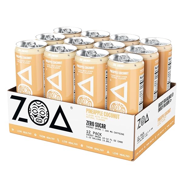 ZOA ZERO SUGAR ENERGY DRINKS – PINEAPPLE COCONUT | HEALTHY ENERGY FORMULA WITH NATURAL CAFFEINE, DAILY VITAMIN C, ESSENTIAL B-VITAMINS | GLUTEN-FREE, KETO FRIENDLY | 12 OUNCE CANS (PACK OF 12)