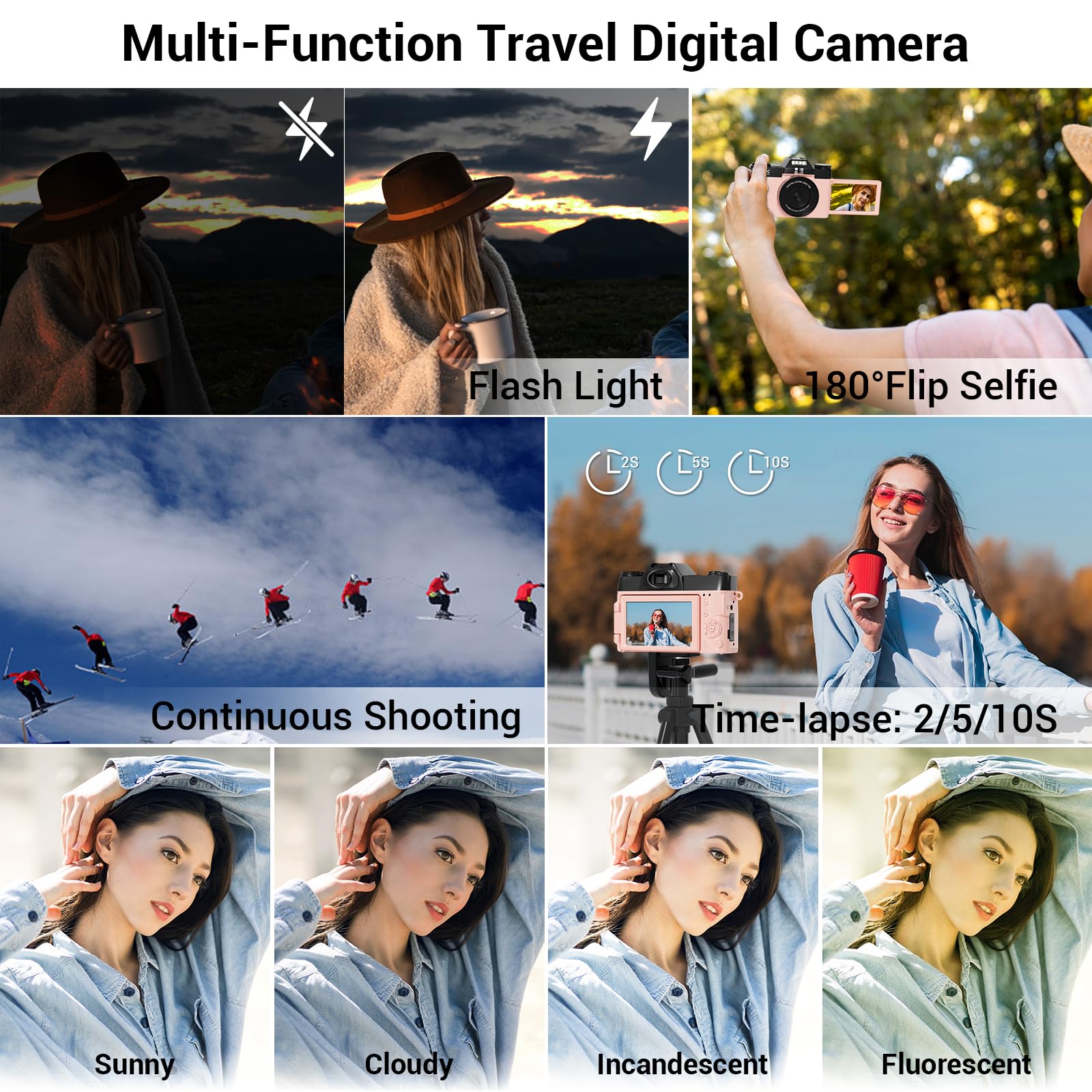Digital Camera, FHD 4K 75MP WiFi Vlogging Video Camera for YouTube with 3'' 180°Flip Screen, 64GB SD Card, 16x Digital Zoom, 2 Batteries, Point and Shoot Digital Camera for Beginner (Pink)