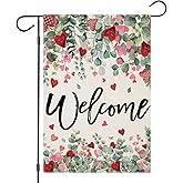 Welcome Valentines Day Garden Flags for Outside, Watercolor Lovely Flowers Small Seasonal Decoration for Holiday Anniversary Wedding Yard Outdoor 12x18 Inch Double Sided