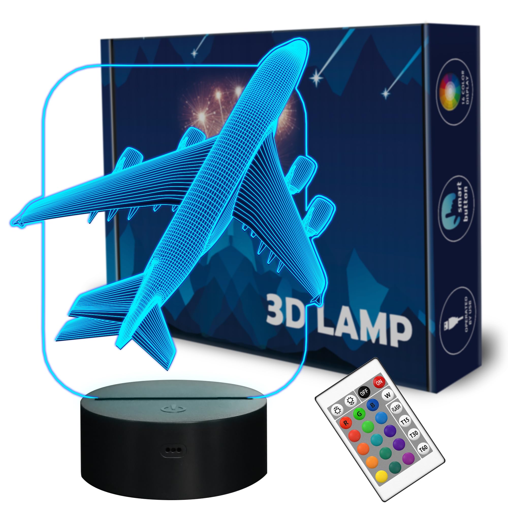 Aircraft Airplane 3D Night Light Kids Bedside Lamp 16 Colors Changing with Remote Control Xmas Halloween Birthday Gift for Child Baby Boy Girl