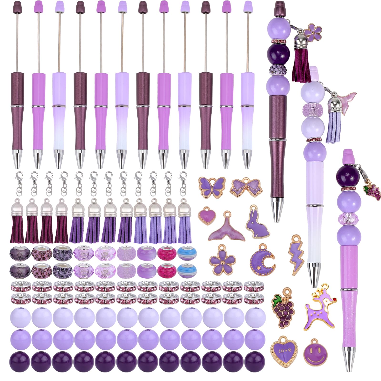 WEWAYSMILE 12 Pcs Plastic Beadable Pens Assorted Bead Pen Bulk Diy Bead Pen 66 Pcs Multicolor Beads Black Ink Ball Pen Set For Women Office Supplies Diy Gifts (Purple, Fresh Style)