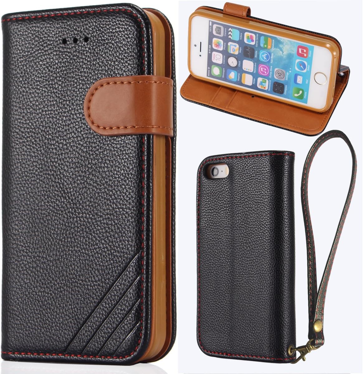 iphone 5 Case, iphone 5S Case, LANOU iphone SE Leather Case Flip Cover With Stand Protection Case for iphone 5 / 5S / SE (black)