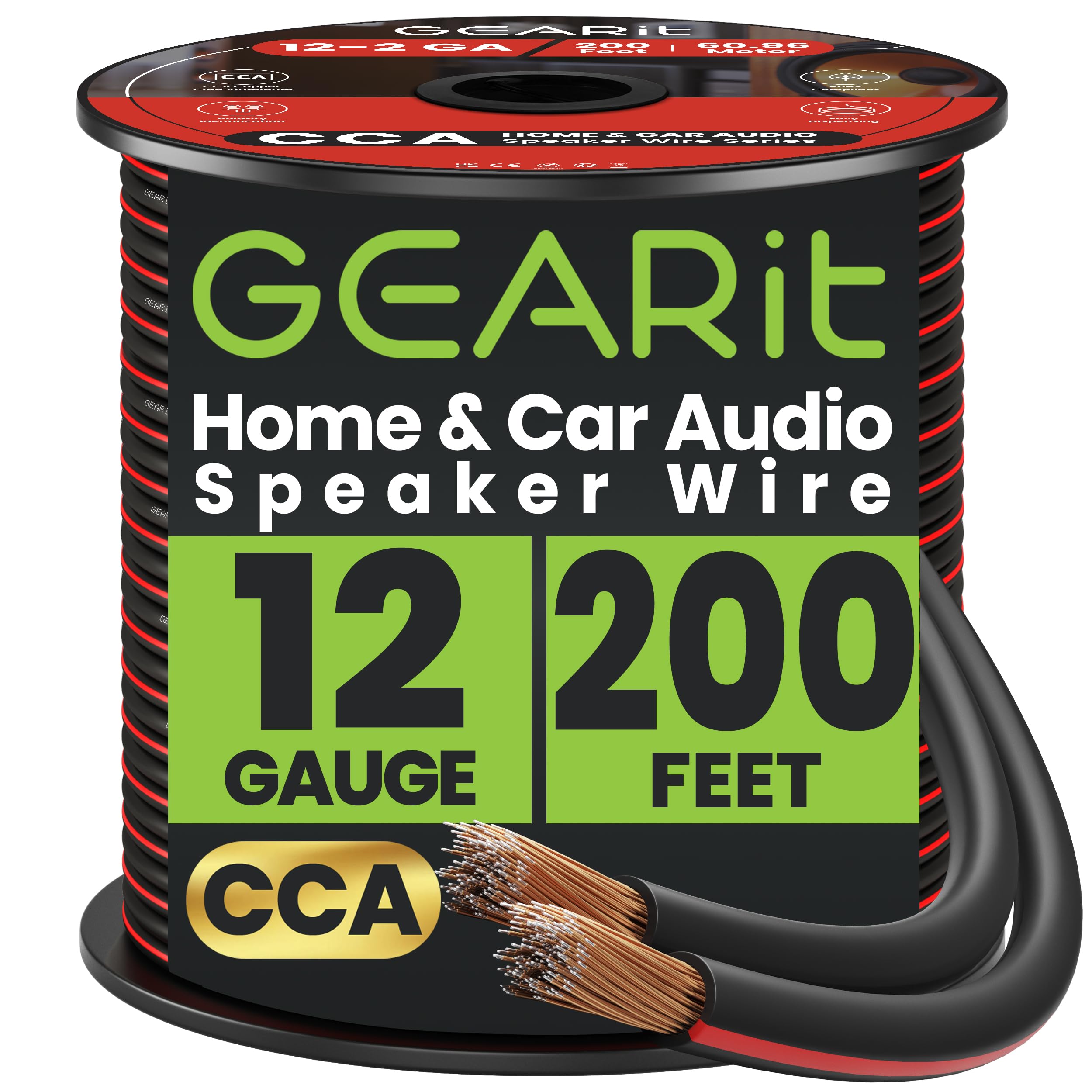 GEARit 12 Gauge Speaker Cable 200ft, Flexible 2x4mm² Speaker Wire with Polarity Markings, 2-Conductor 12AWG CCA Audio Cable for In-Wall Home Theater, Car Audio Stereo, HiFi Surround Sound (Black)