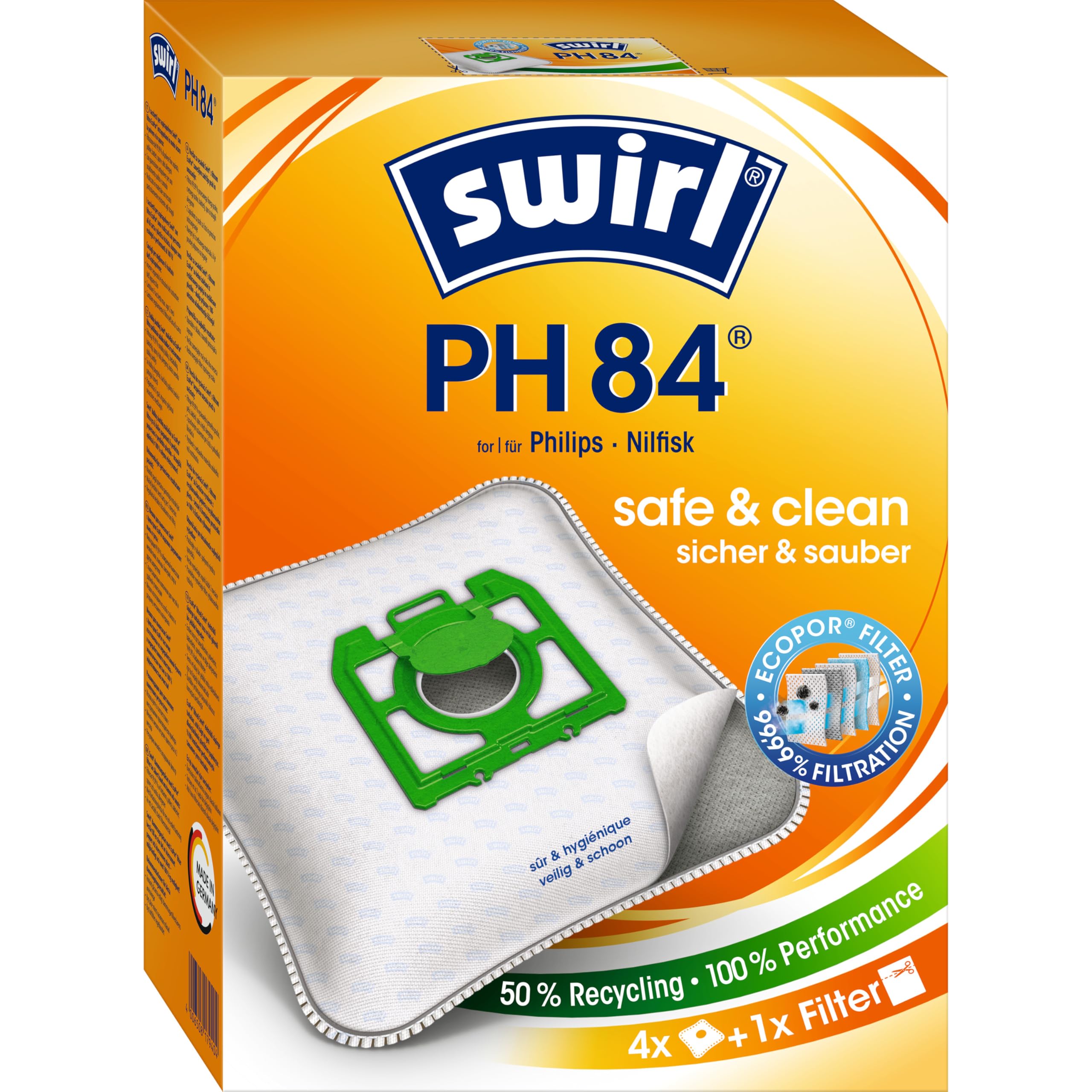 Swirl MicroPor Power Filter PH 84 4x Paper Odour-Blocking Vacuum Cleaner Bags and 1x Hepa Filter