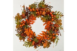 AMF0RESJ Artificial Fall Wreaths for Front Door Autumn Oak Wreath with Oak Leaves,Acorns,Berries,Pomegranates for Front Door Indoor Outdoor Farmhouse Home Wall Window Festival Wedding Decor