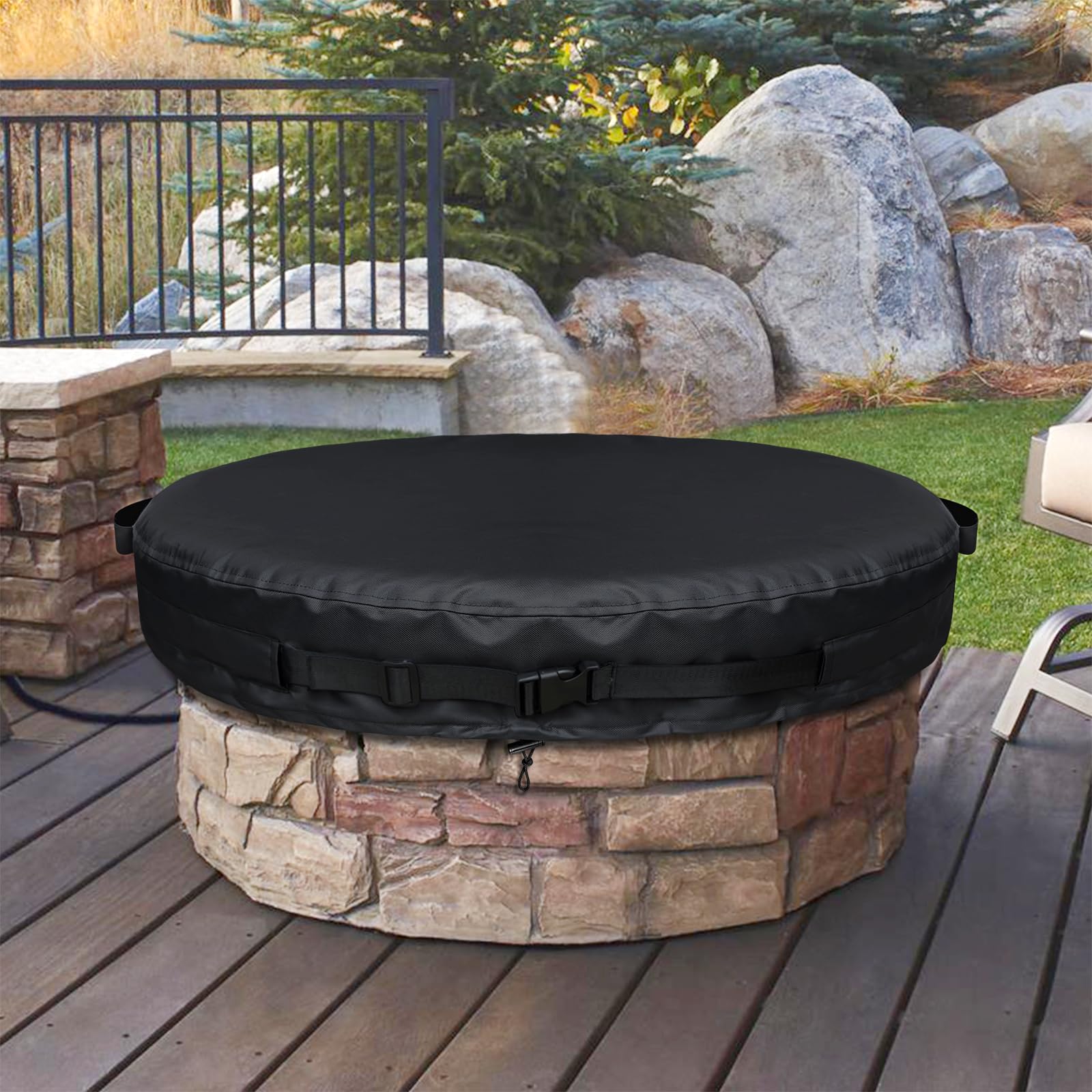 Photo 1 of 72-74 in Fire Pit Cover Round for In-Ground Fire Pits, 600D Waterproof And Windproof Design Outdoor Round Firepit Cover, Fits Large Stone Fire Pit All-season Protective Covers