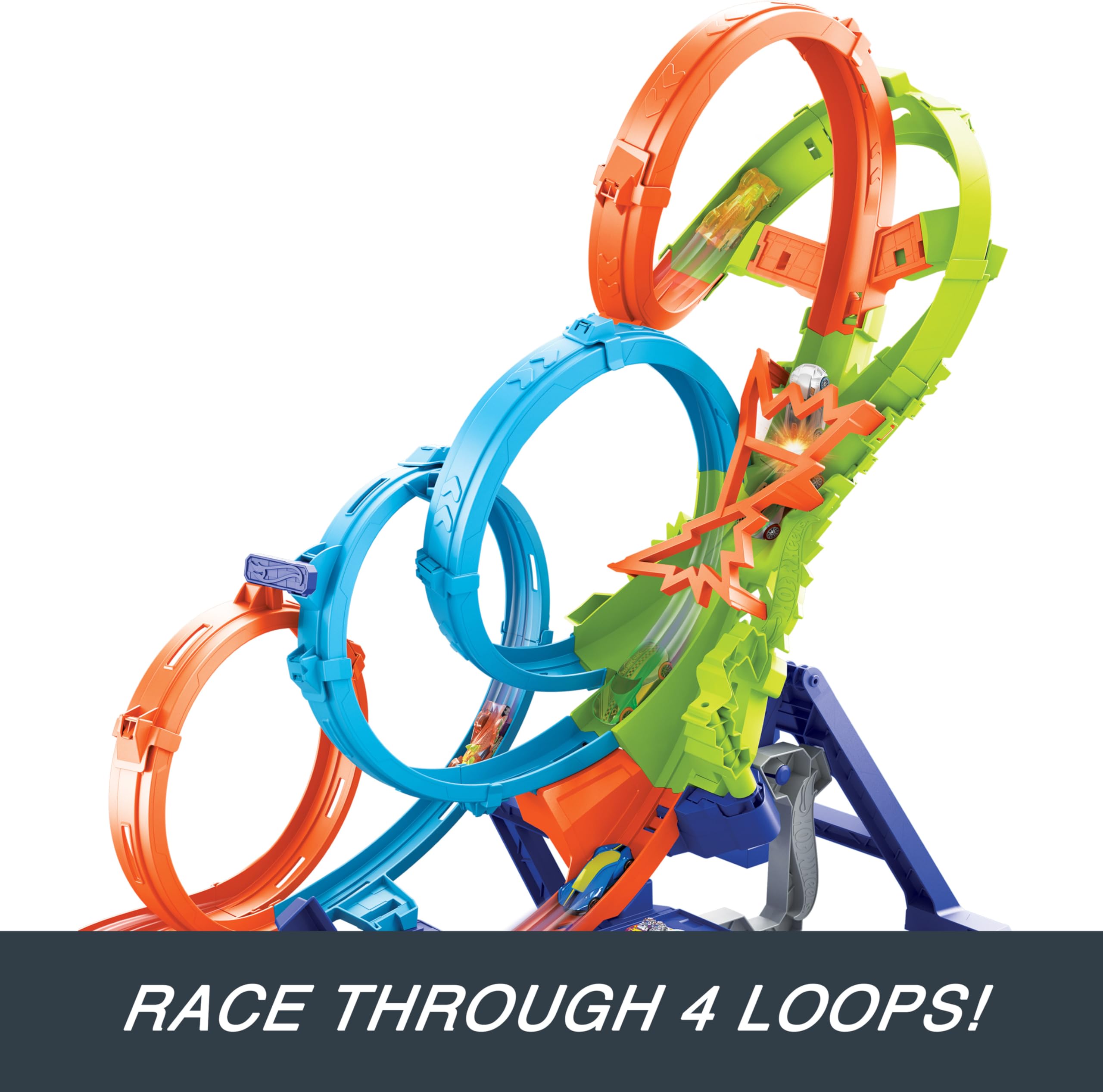 Hot Wheels Track Set with 4 Loops, 3-Way Crash Zone & Motorized Booster, Folds for Storage, with 1:64 Scale Toy Car