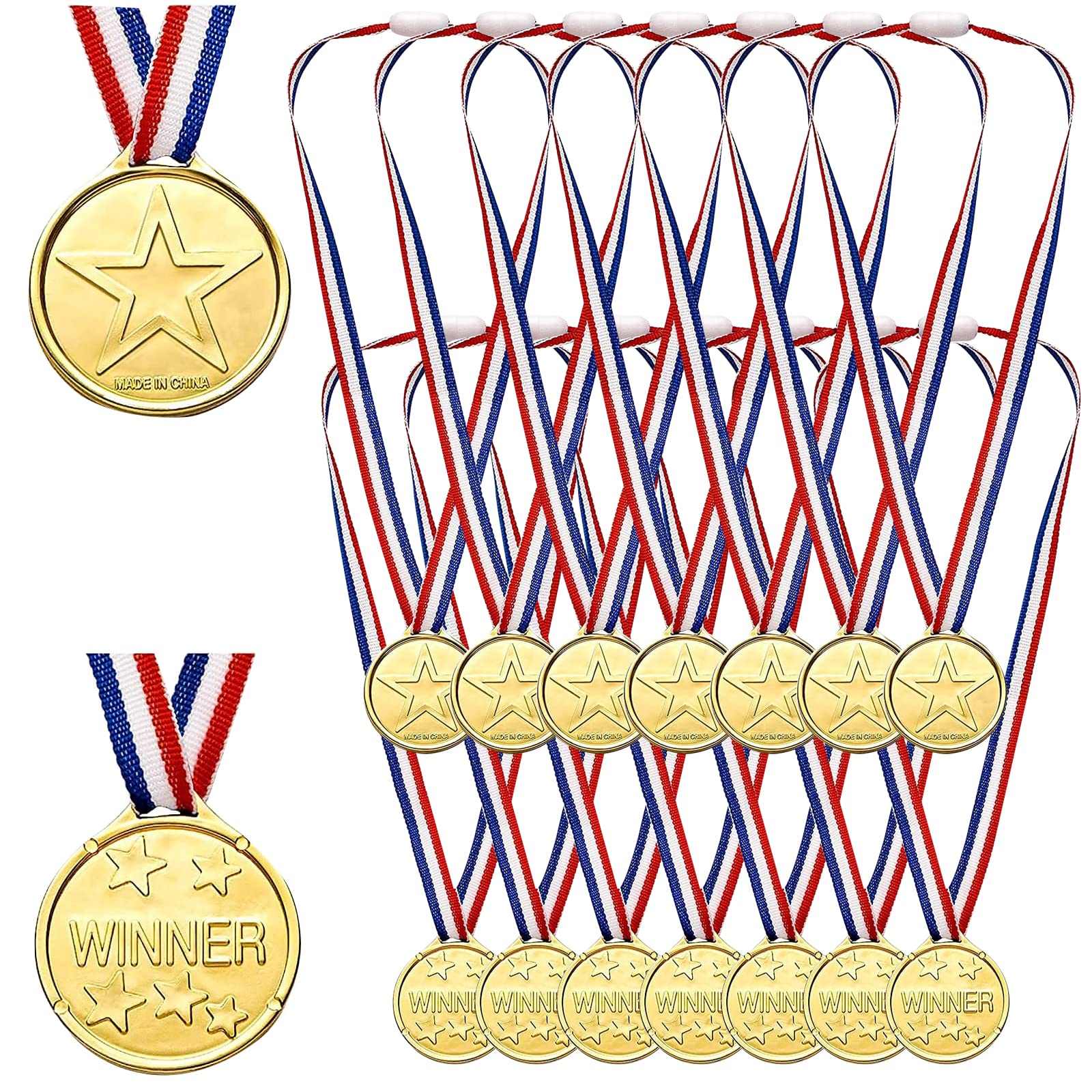 16 Pack Gold Winners Medals, Game Medals Winner Award Medals Prizes Medals Star Party Favours Medals Plastic Gold Medals Olympic Style Medals with Ribbon Necklaces for Children Kids School Sport