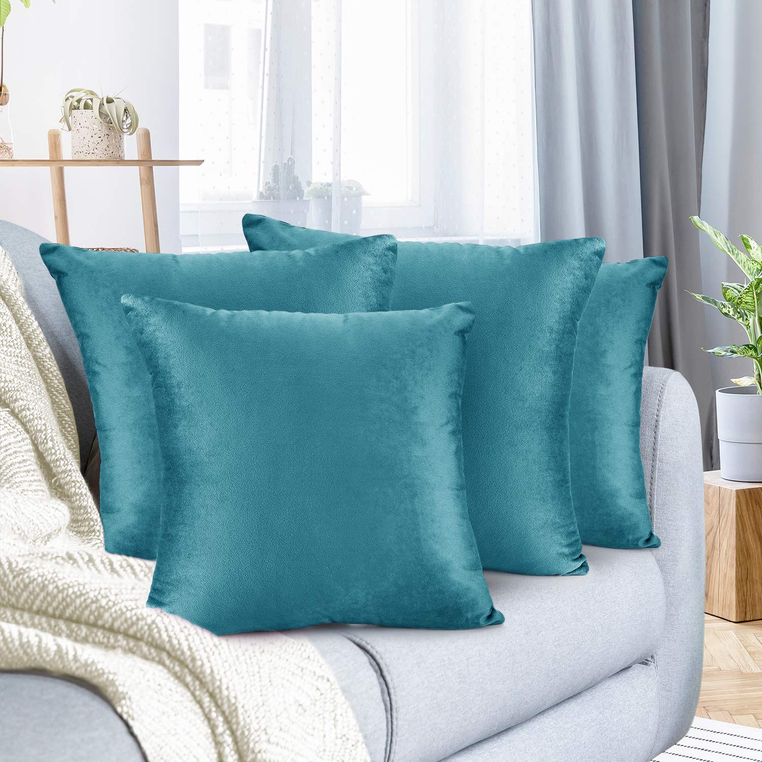 Nestl Throw Pillow Covers, Cozy Velvet Decorative Pillow Cases 24 x 24 Inches, Soft Solid Couch Pillow Covers for Sofa, Bed and Car, Set of 4 - Teal Image
