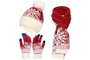 MS.ING Winter Hat Scarf Gloves Set for Women Fleece Lined Knit Beanie Hat with Pom Pom Touchscreen Gloves Long Scarf