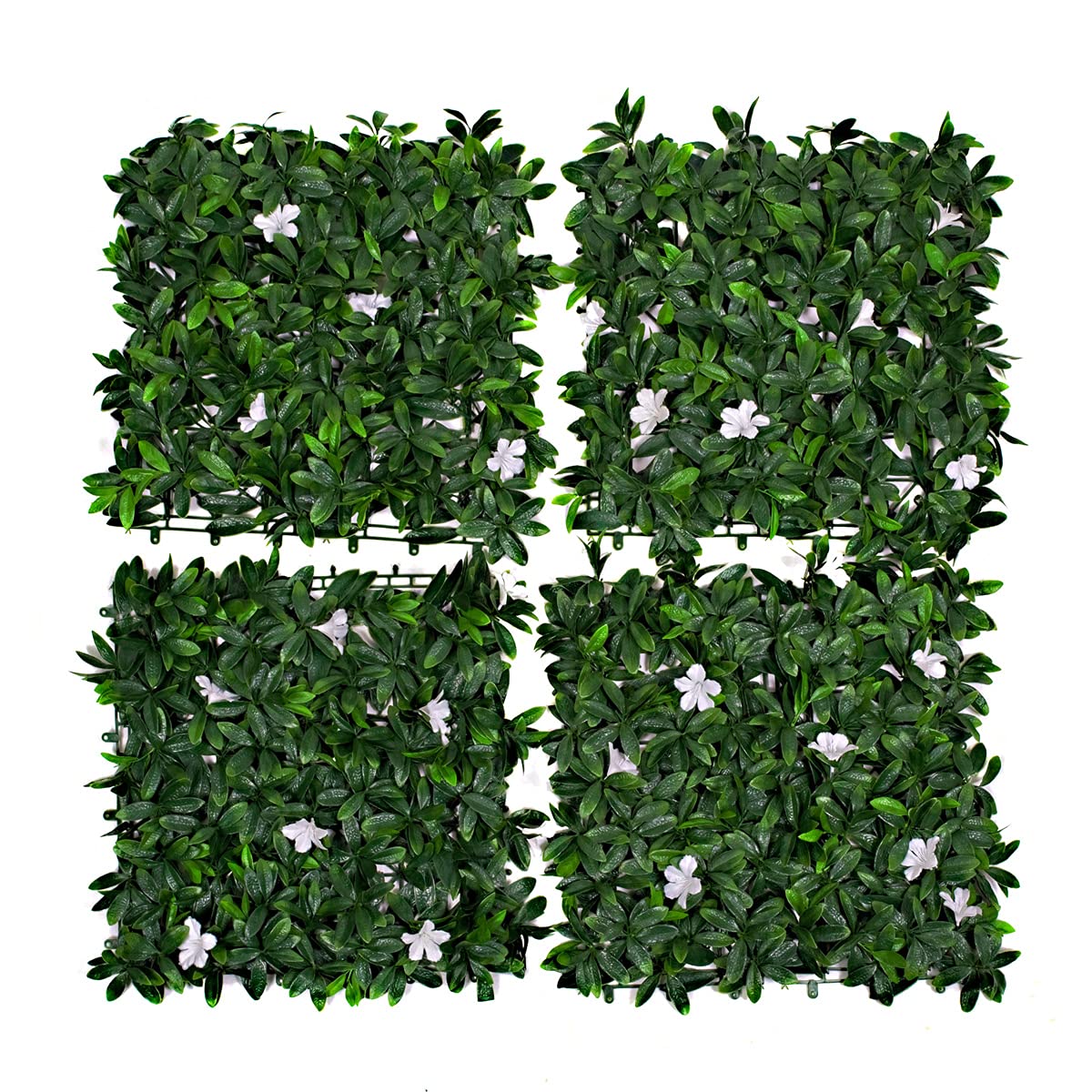 Artificial Green Wall Hedge with Dark Leaf Foliage and White Flowers (Pack of 4) -UV Stable Vertical Garden