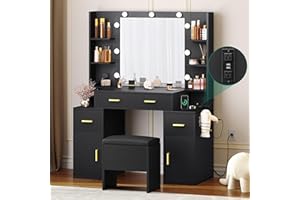 YITAHOME Makeup Vanity Desk with Mirror and Lights, Large Vanity Set with Charging Station, Dressing Table with Storage Bench, Makeup Vanity Mirror with Shelf and Drawers, 3 LED Lights Modes, Black