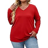 Halife Women's Plus Size V Neck Tshirts Spring Long Sleeve Tops Casual Loose Fit Tee Shirts Tunics XL-5X
