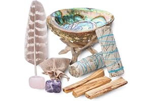 BLUE RIVER SAGE Home Cleansing & Smudging Kit with White Sage, Palo Santo, Abalone & Stand, Smudge Feather & Guide - Smudge Kit with Sage Smudge Sticks