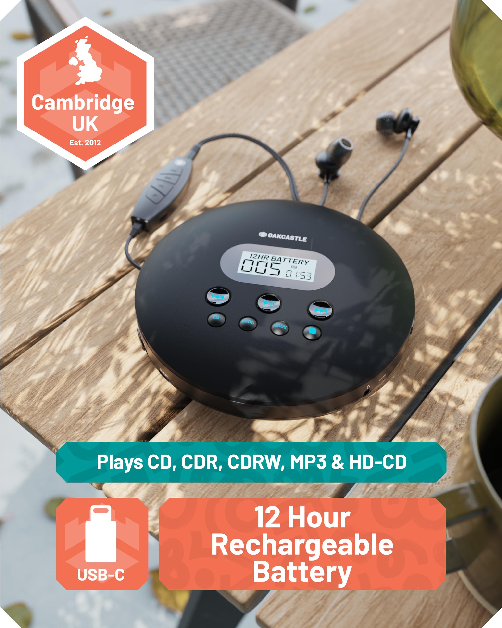 Oakcastle CD100 Rechargeable Bluetooth CD Player | 12hr Portable Playtime | in Car Compatible Personal CD Player | Headphones Included, AUX Output, Anti-Skip Protection, Custom EQ, CD100 (Black)