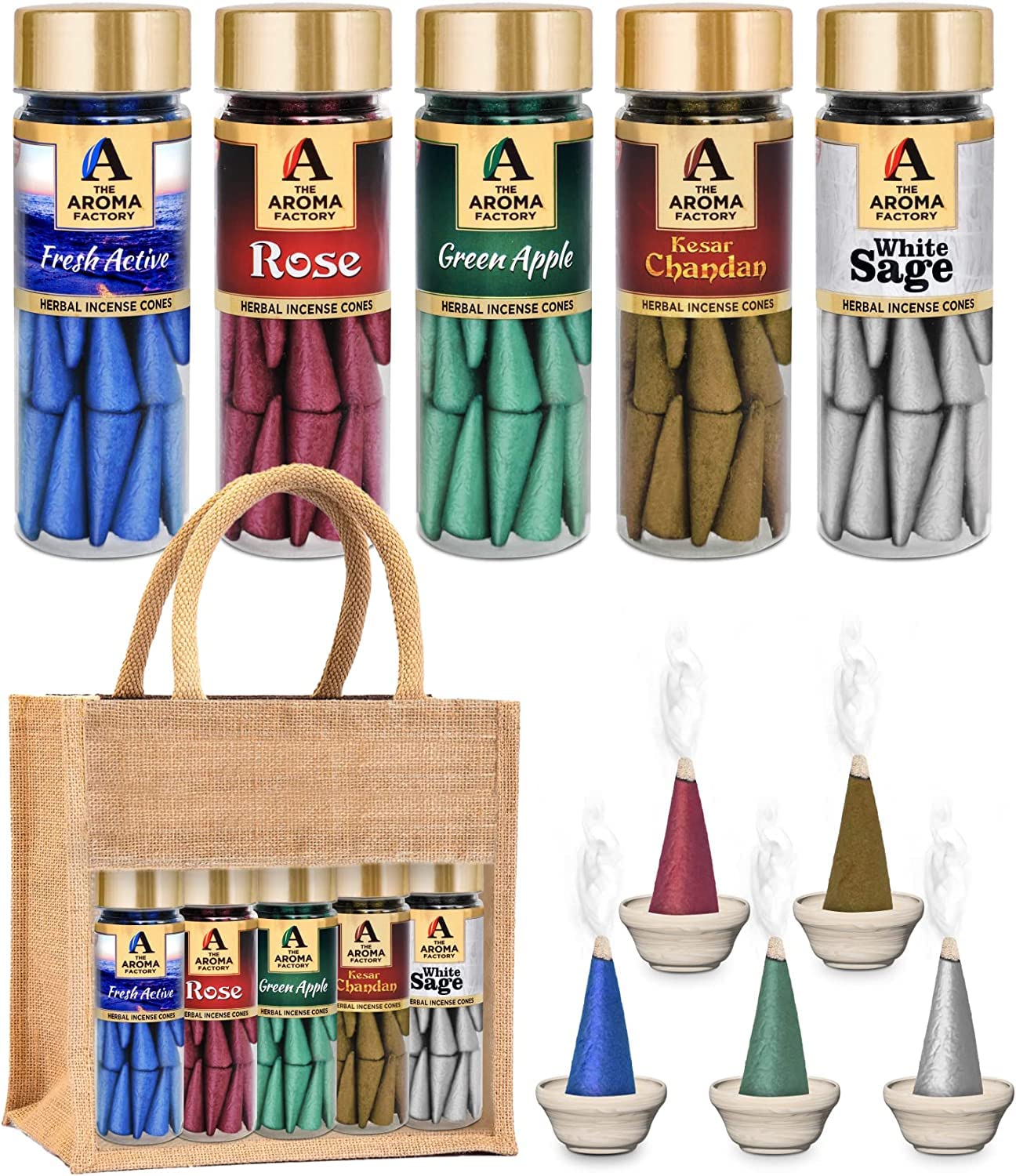 The Aroma Factory Organic Incense Cones No Charcoal | No Bamboo | Non Toxic | Assorted Herbal Dhoop, 5x30 Cones Jute Gift Set with Holder (Tropical Aromas)