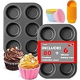 Mity rain 2 Packs Jumbo Muffin Pan, Premium Carbon Steel 6-Cup Cupcake Pan, with 80Pcs Non-Stick Paper Liners & 6Pcs Reusable Silicone Liners, Ideal for Party, Christmas, Home Baking