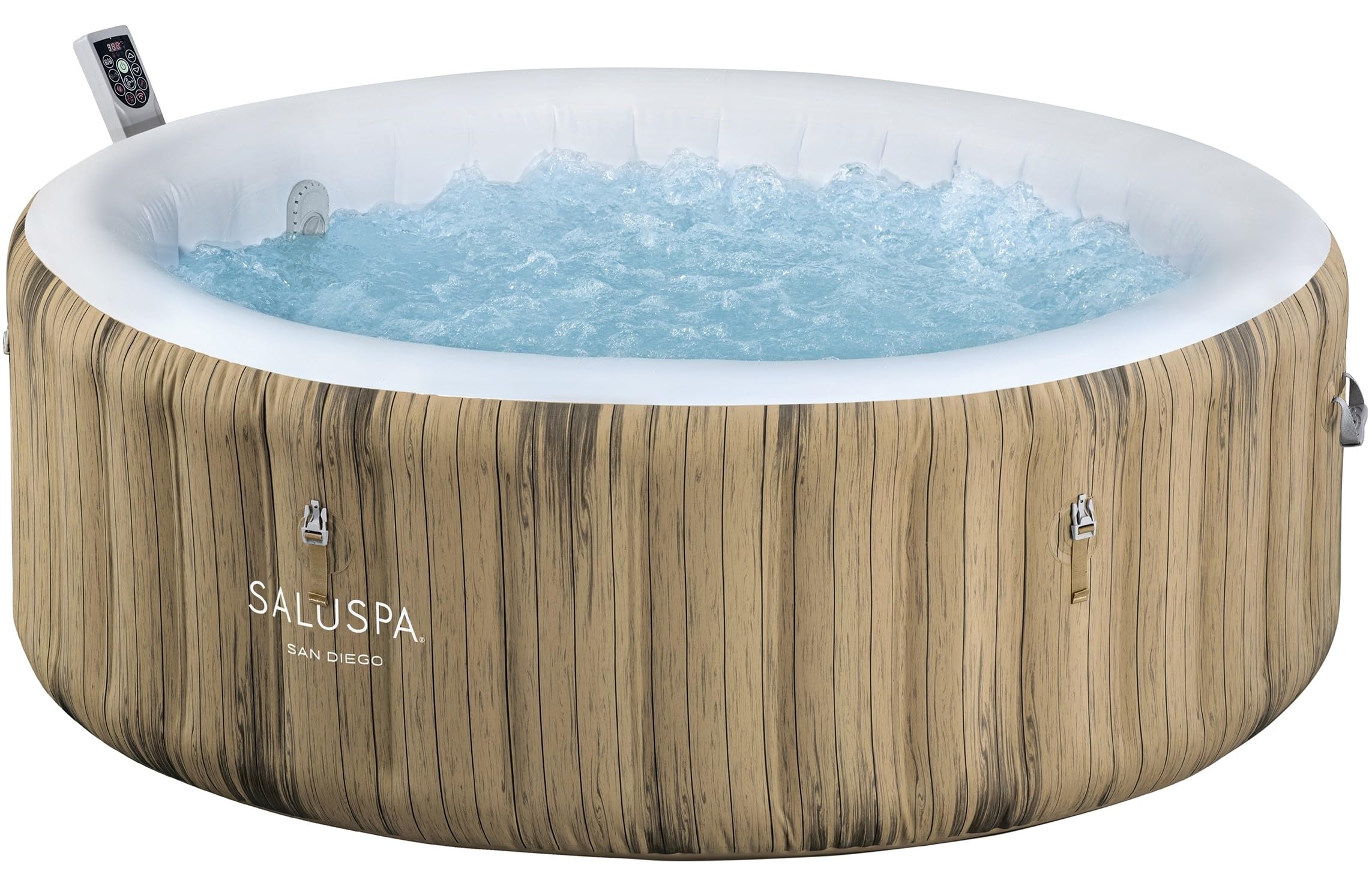 Photo 1 of Bestway SaluSpa San Diego UltraFit EnergySense Inflatable Hot Tub Spa (77" x 26") | Portable Hot Tub with Energy-Efficient Cover and Built-in Pump | Fits Up to 4-6 Persons | Brown Wood