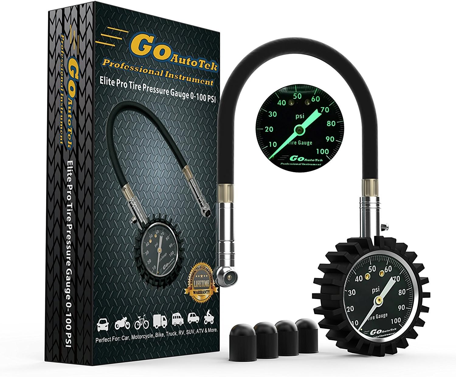 Tire Pressure Gauge 100 PSI with Bleeder and 4 Free tire tek Valve Caps tire tek– Certified Accurate for Any Car, Truck, Motorcycle, RV