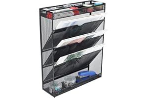 EasyPAG Desk File Organizer Mesh 5-Tier Hanging Wall Mount File Holder Desktop Vertical Mail Paper Folder Holder Stand Rack with Bottom Tray and Accessories Organizer for Office Home,Black