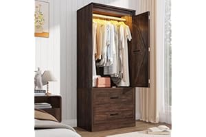 JITEENTAROU Farmhouse 2 Doors Armoire Wardrobe Closet w/ Folding Sliding Barn Door and Lights, LED Armoire Closet w/Drawers for Bedroom, Freestanding Wooden Wardrobe Storage Closet w/Hanging Rod,Rustic Brown