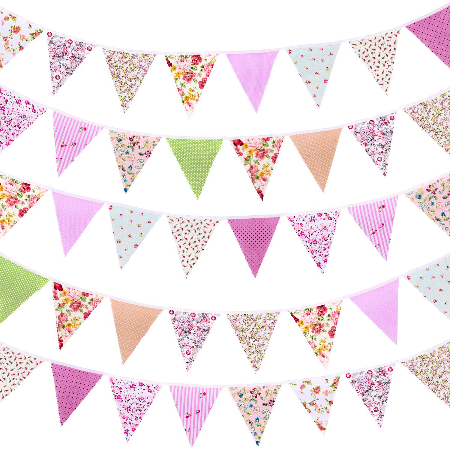 Whaline 40ft Fabric Bunting Banner Floral Vintage Reusable Cotton Triangle Flag Garland Decoration with 42pcs for Garden Wedding Baby Shower Birthday Parties