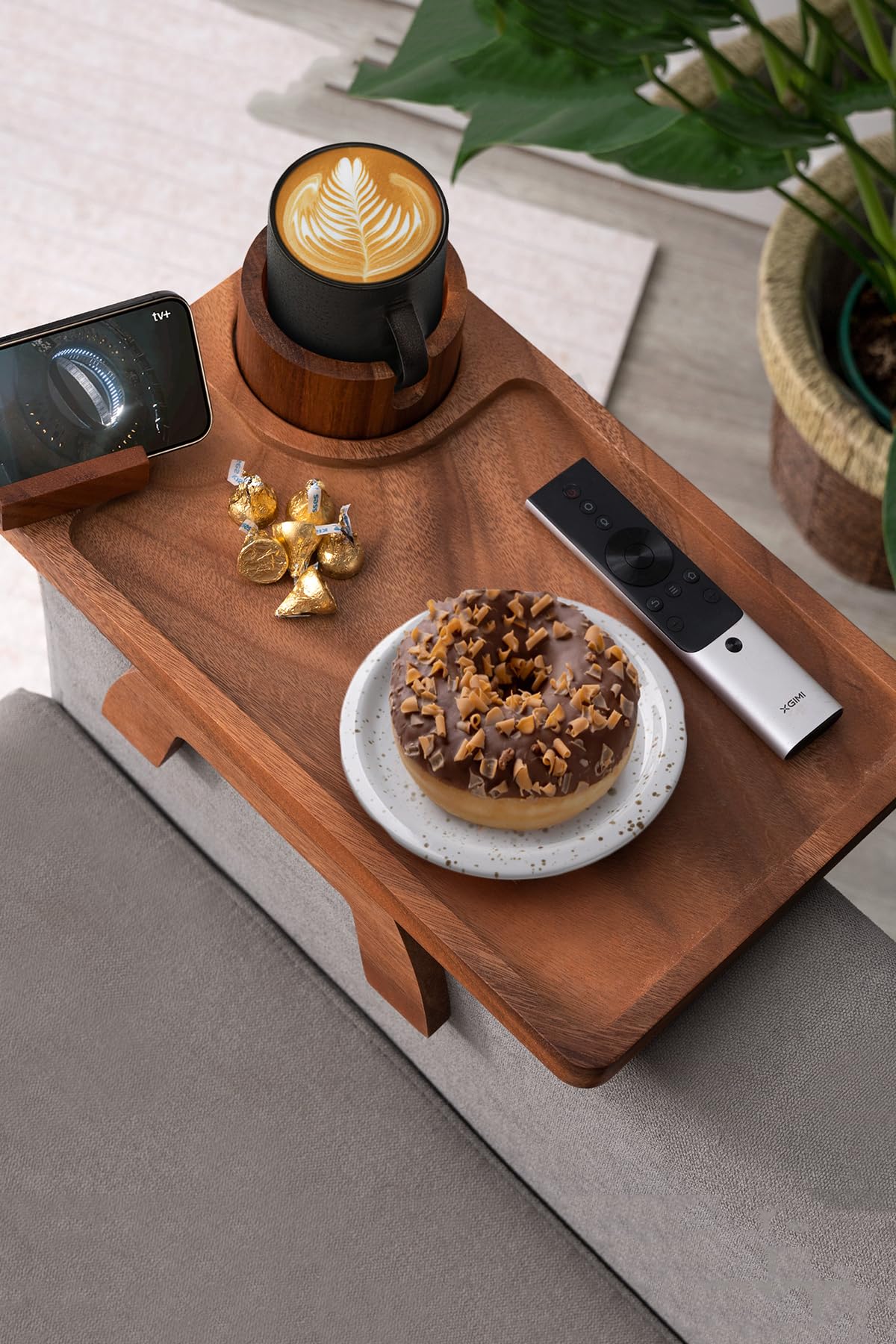 Photo 1 of ROCDEER Sofa Arm Tray, Acacia Wood Couch Cup Holder, Portable Large Sofa Armrest Tray Anti-Spill Beverage Snack Remote Holder