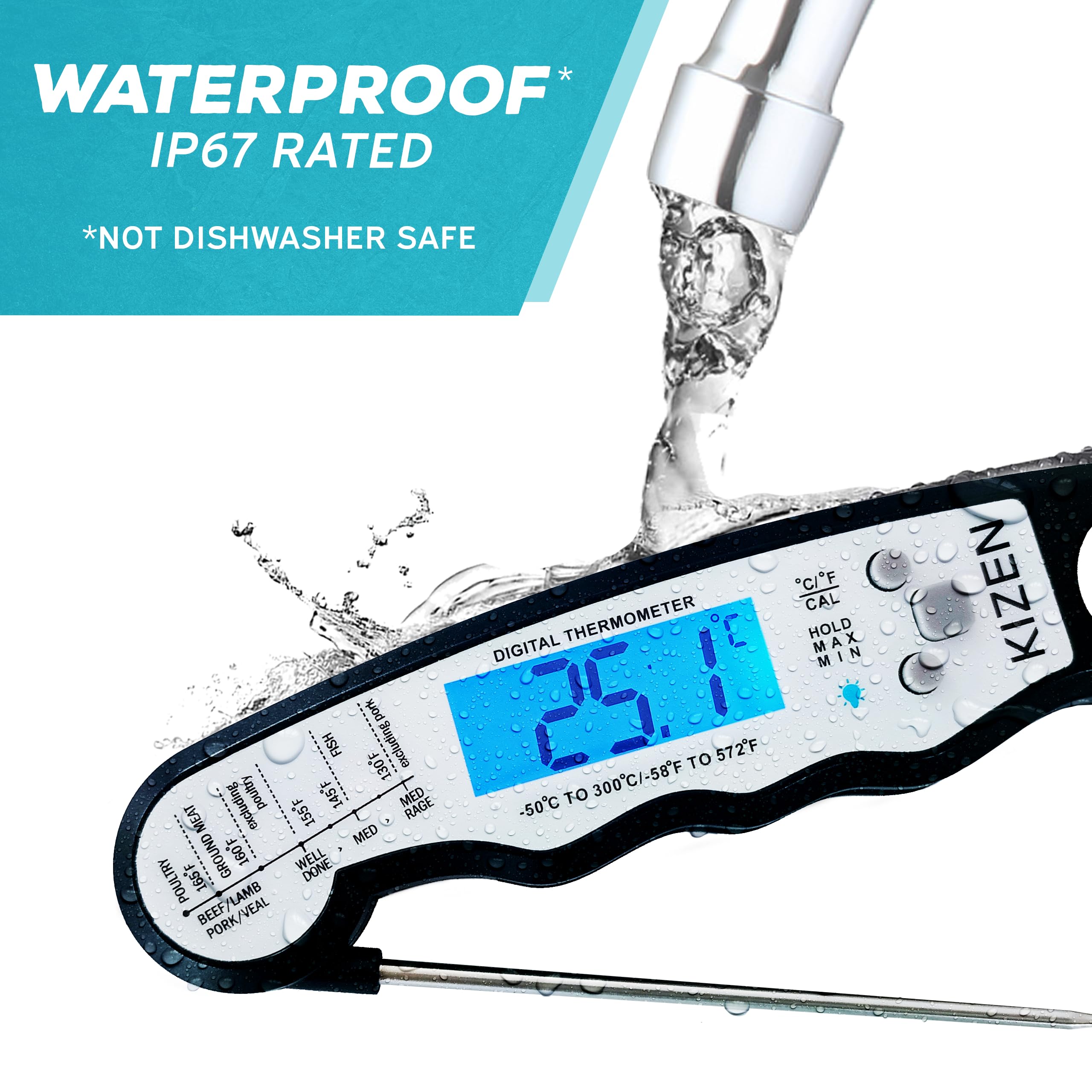 Kizen Instant Read Meat Thermometer Digital - Food Thermometer for Cooking, Grill, Oven, BBQ - Waterproof and Backlit Display - Kitchen Gadgets