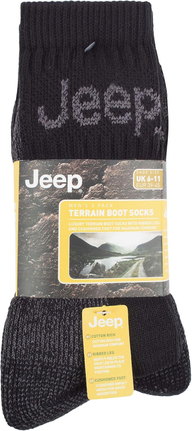 Jeep Men's JM273 3 Pair Luxury Terrain Socks Black (2) 6-11, Black/Charcoal - Image 3