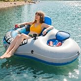 Sunlite Sports Inflatable River Tube Float - Heavy Duty River Float Pool Floats Lake Premium Water Tubes for Floating Recreational River Raft Lounge Floaties with 2 Cup Holders