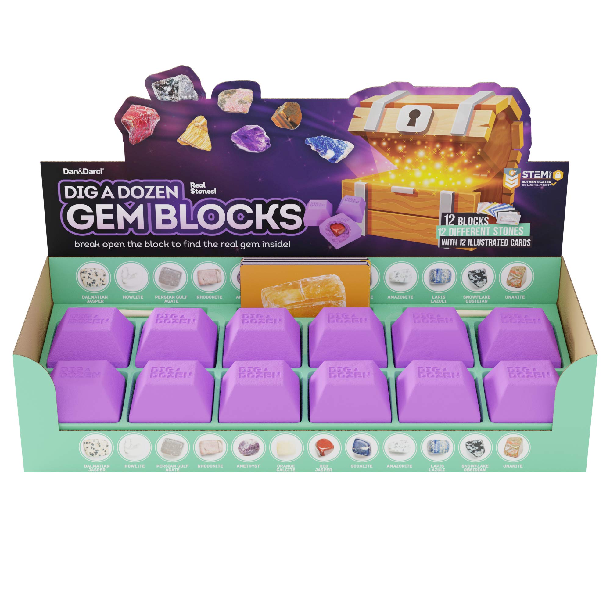 Dan&Darci Dig a Dozen Gem Blocks Mining Kit for Kids - Discover 12 Unique Real Gemstones, Mineral, Rock, Crystals Collection - Archaeology Science Gift Toys Set for Boys & Girls Age 8-12 Gifts