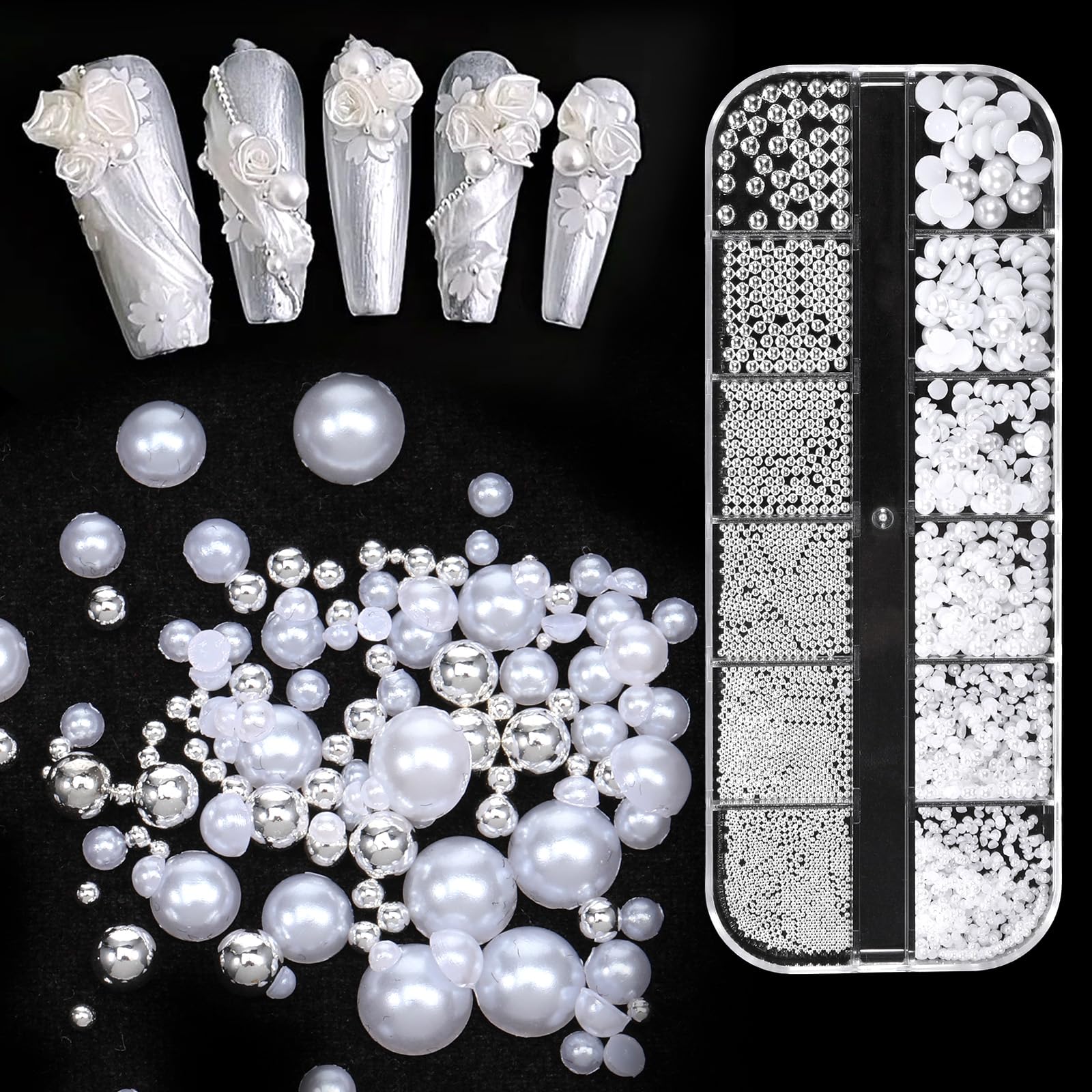 Photo 1 of 1 Box/12 Grids 12 Sizes White Flatback Pearls, Nail Art White Pearls Kit Nail Jewelry Manicure Bead Kit for Nails Design Cute Beads Fingernail Decorations for Craft DIY Nails Makeup