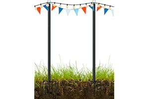 LAND·VOI Metal String Light Poles for Outside Hanging - Backyard, Garden, Patio, 2 Pack Lighting Stand with Adjustable Height for Outdoor Parties, Wedding, Extra-Long 5-Prong Claws, (9.6FT) FLP02B