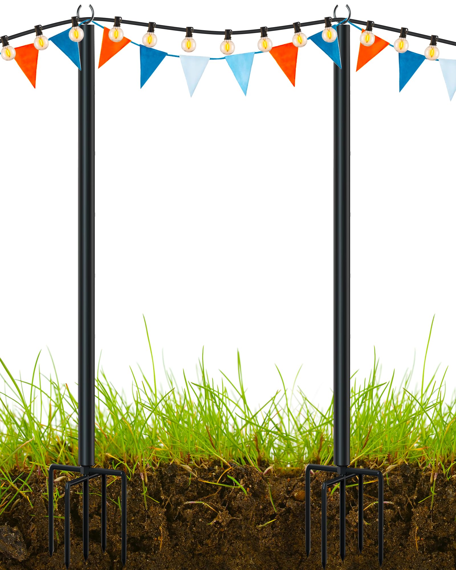 Photo 1 of LAND·VOI Metal String Light Poles for Outside Hanging - Backyard, Garden, Patio, 2 Pack Lighting Stand with Adjustable Height for Outdoor Parties, Wedding, Extra-Long 5-Prong Claws, (9.6FT) FLP02B