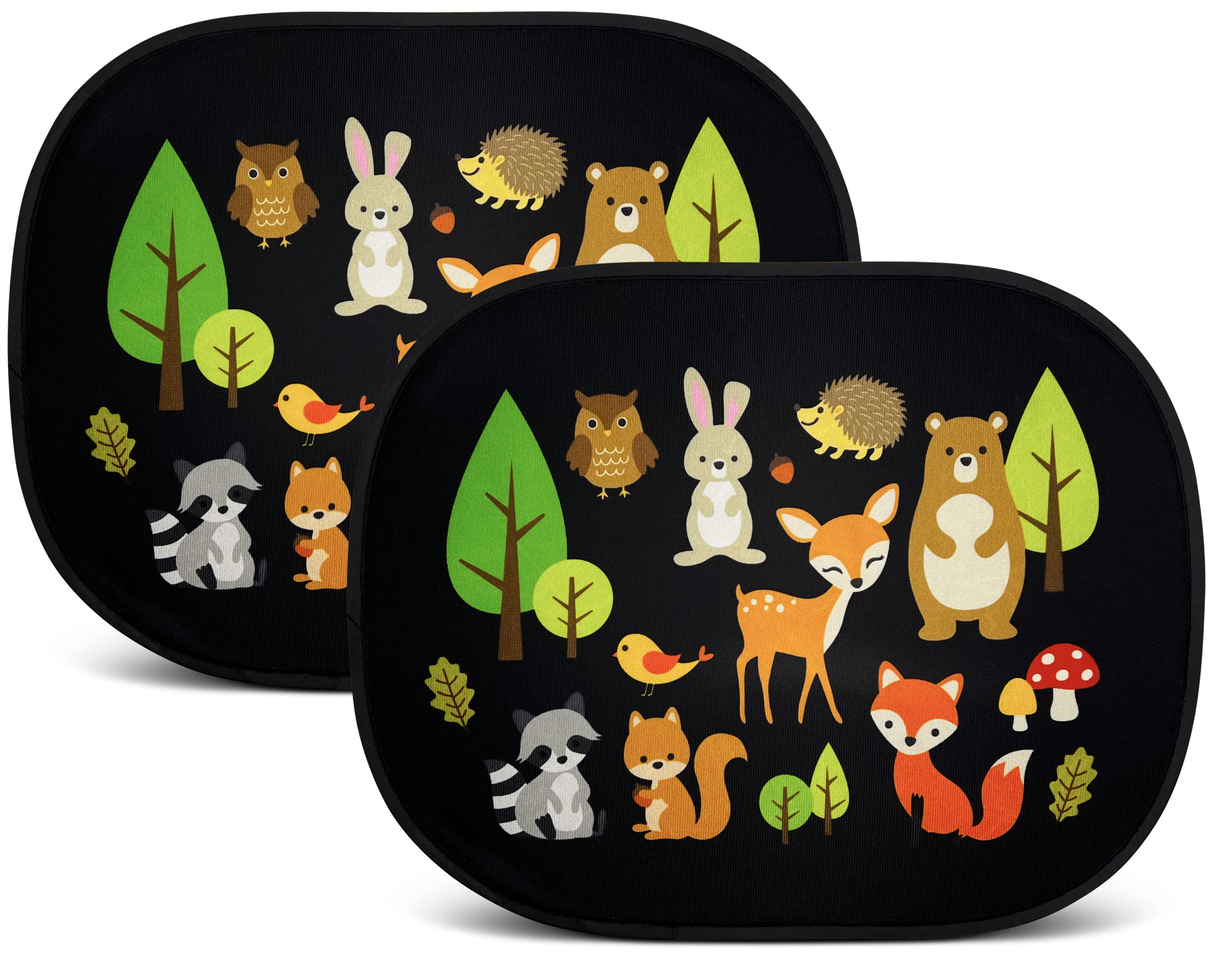 HECKBO 2x car sun visor with 8 suction cups - Forest animals - 44x36cm - car window side sunshade car sun visor side for baby kids girls boys incl. Bag