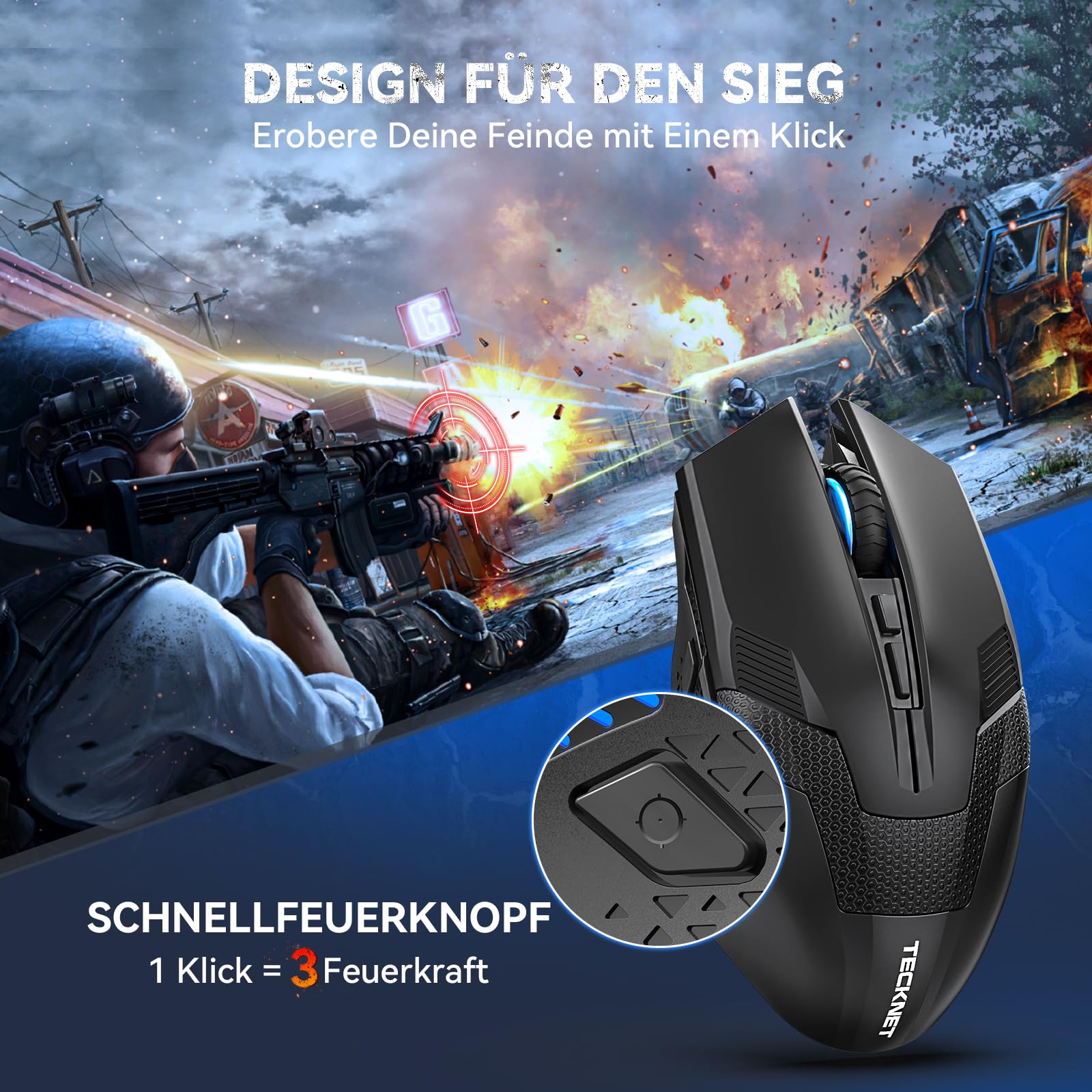 TECKNET Kabellose Gaming Maus, 2,4 GHz Wireless Mouse Gaming mit Schnellfeuertaste, 8 Tasten, 4800 DPI, 20 Millionen Klicks, Ergonomische Optische Maus für PC/Mac/Laptop 2