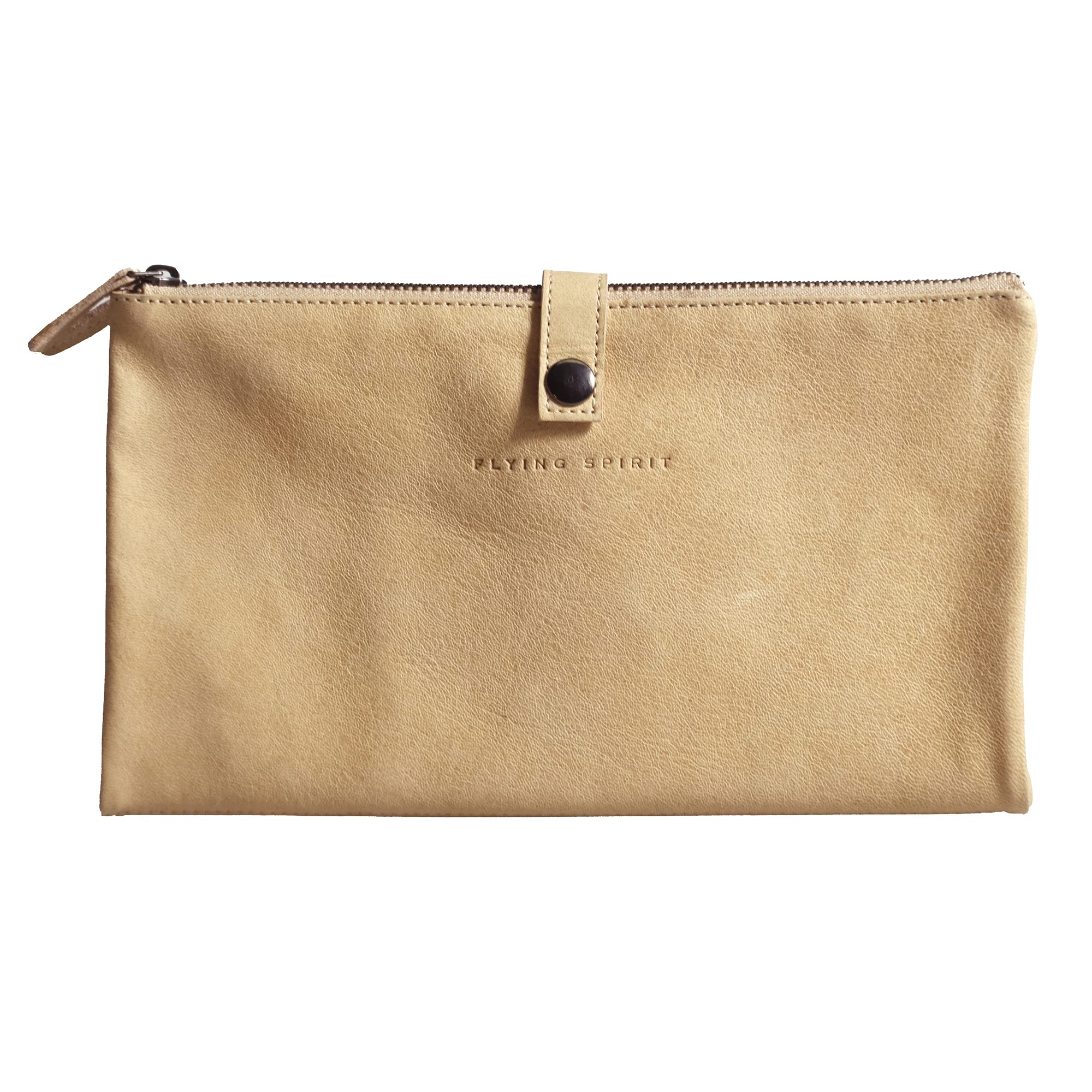 Clairefontaine - Ref 930029C - Flying Spirit Leather Flat Leather Sleeve - 27 x 23.6 x 2.8cm, 2 Compartment Design, Metal Zip Closure with Leather Puller - Beige