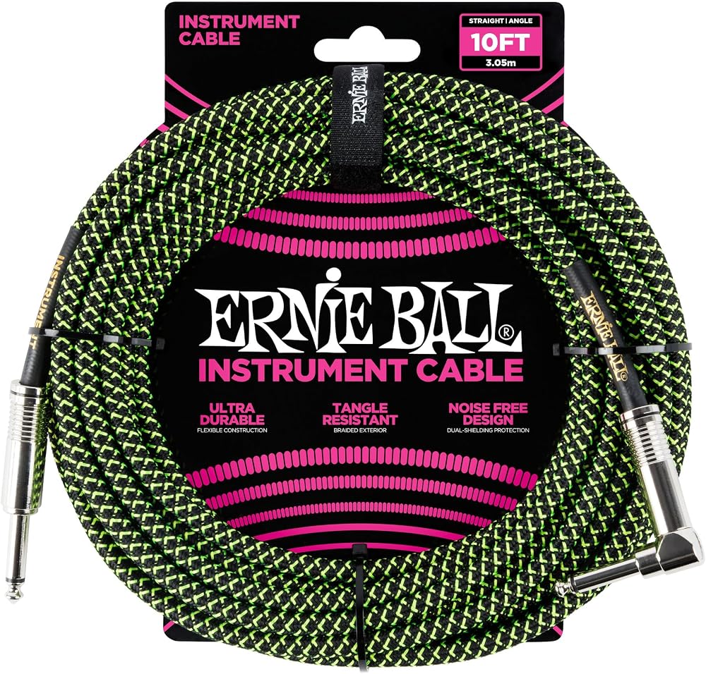 Ernie Ball 10 ft Braided Instrument Cable Straight to Angle Black/Green