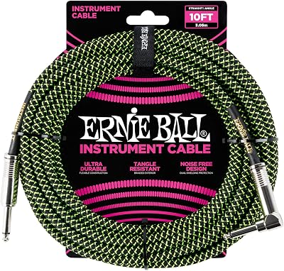 Ernie Ball 10 ft Braided Instrument Cable Straight to Angle Black/Green