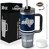 LANJAO Tumbler 30oz Straight Skinny Portable Handle Car Cups With Anti slip Sleeve Straw Dust Cover, Sports Travel, Stainless Steel Insulated Gifts for Men Women Fans