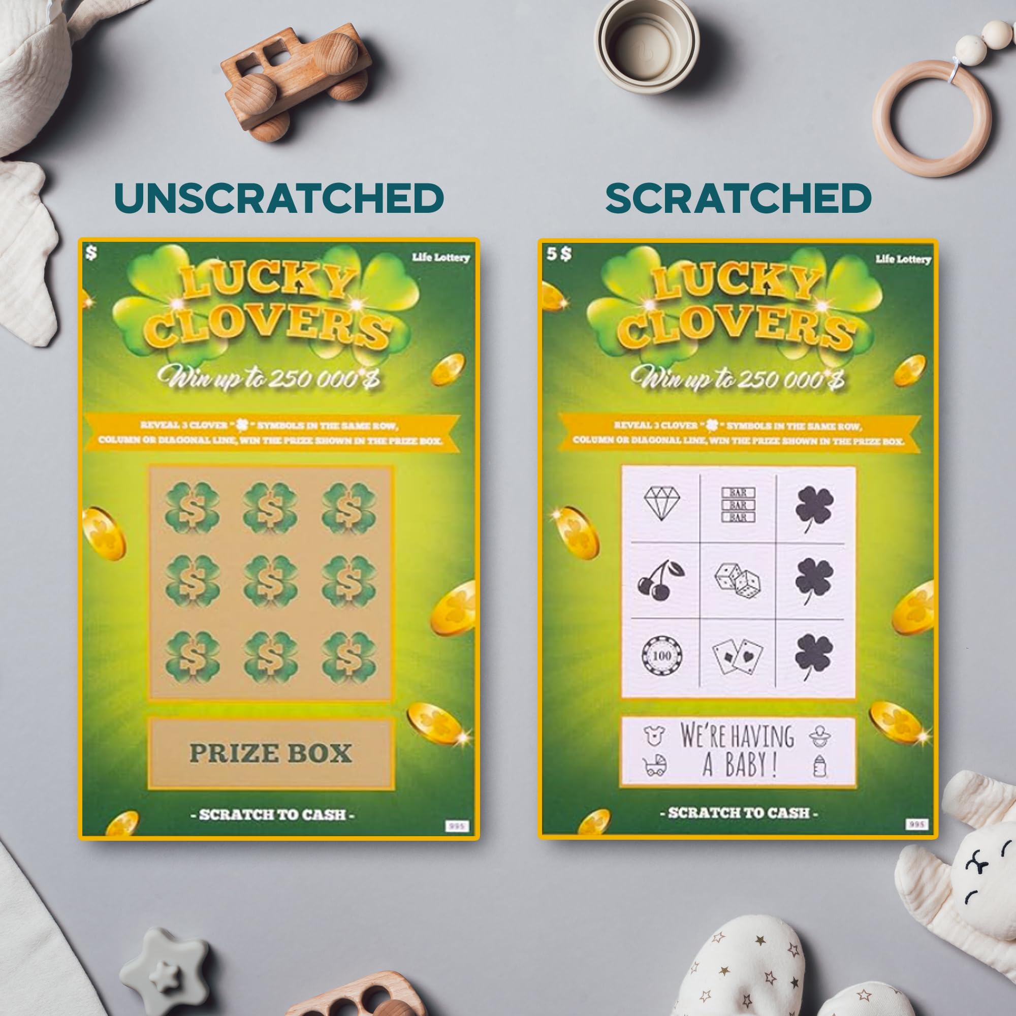 VNS Creations 5 Pack Pregnancy Announcement Scratch Off Cards - Fun Ways to Announce Pregnancy - Baby Reveal Ideas for Grandparents - Fake Lottery Gender Reveal to Husband, Wife, Kids, Family
