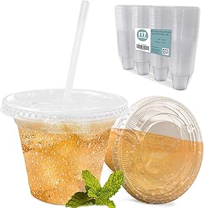[100 Pack] 9 oz Clear Plastic Cup with Lid - BPA Free Take Out Container for Iced Cold Drink Coffee Tea Juice Smoothie Bubble Boba Frappuccino, Disposable and Crack Resistant