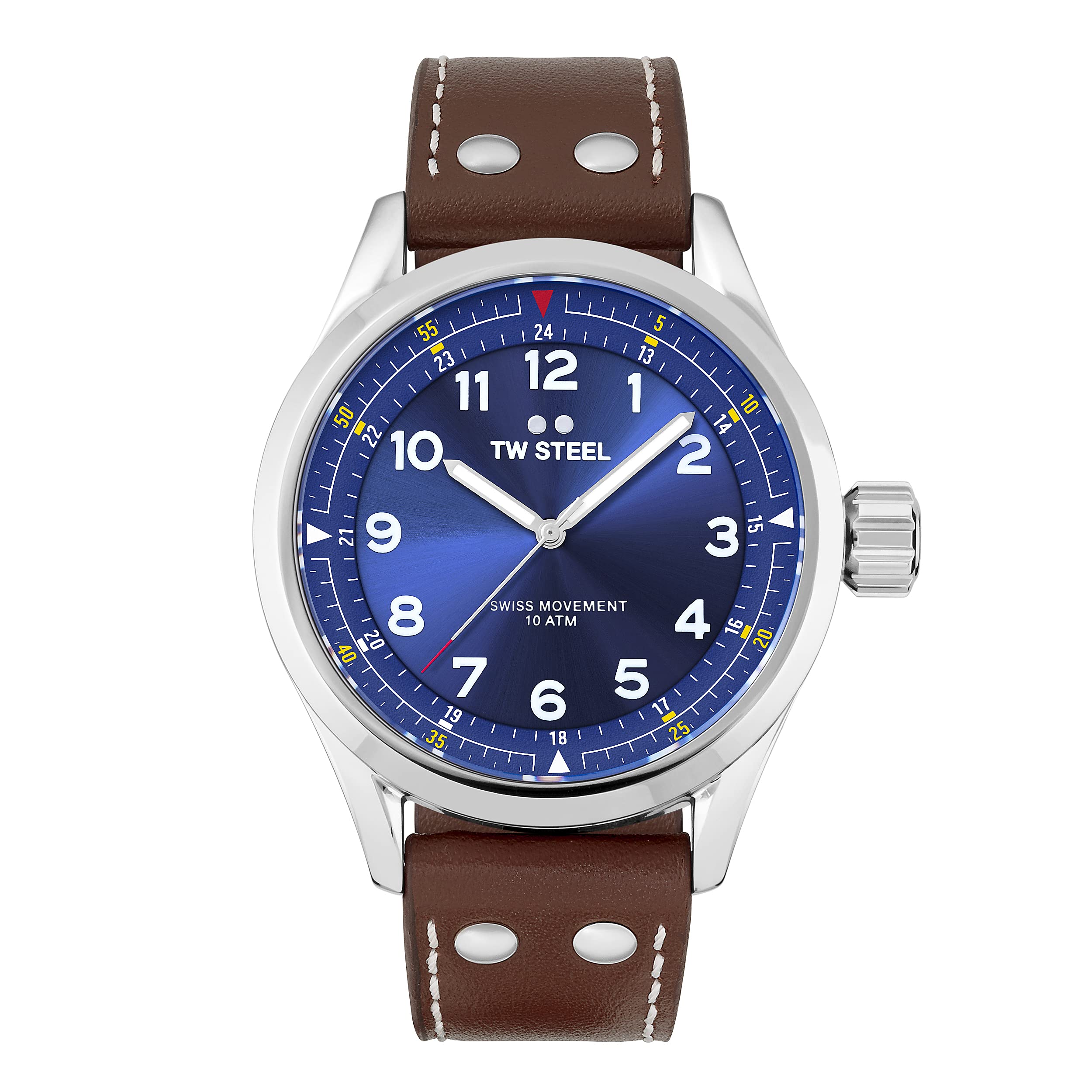 TW Steel Swiss Volante Mens 45mm Quartz Watch with Blue Dial Brown Leather Strap, and Date Calendar SVS102