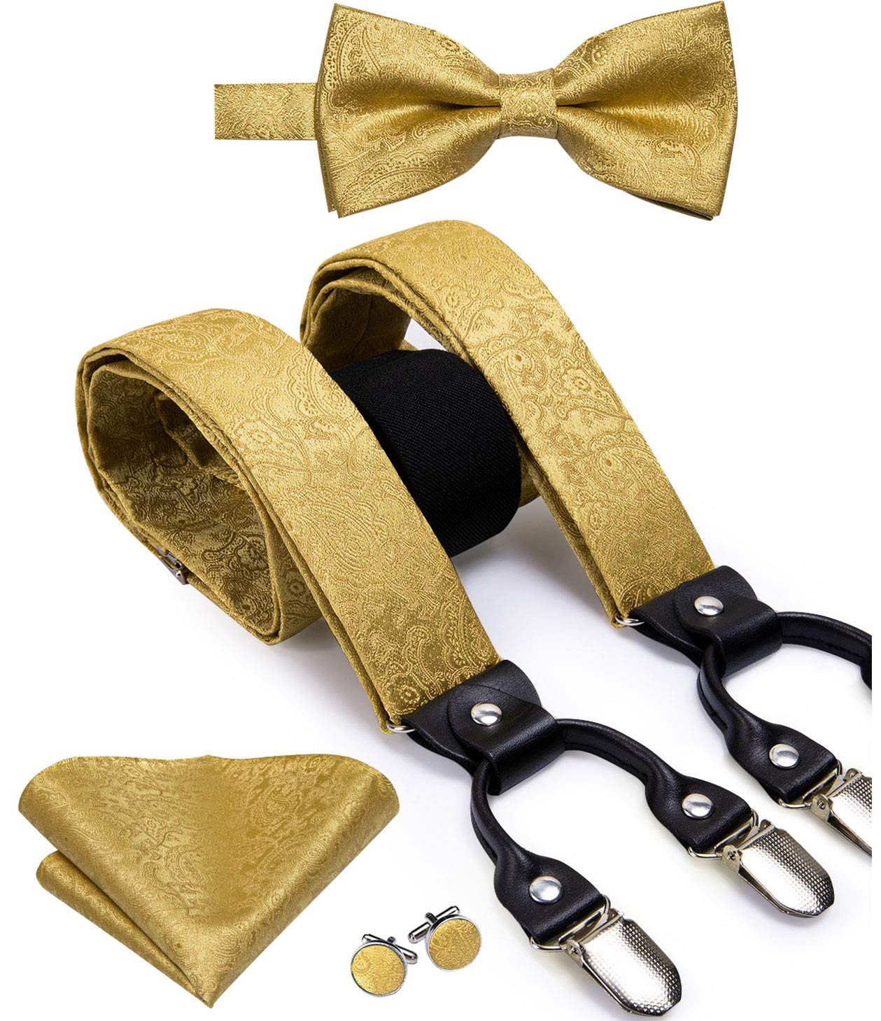 Dubulle Paisely Floral Clips Suspender and Bow Tie Set Pretied Bowtie and Pocket Square Cufflinks