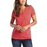 Nautica Women's Easy Comfort V-Neck Striped Supersoft Stretch Cotton T-Shirt Shirt, Rose Coral, Medium